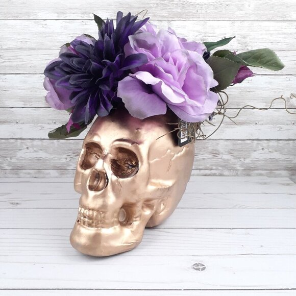 Halloween Gold Skull Faded Purple Flowers Wicked Garden - Picture 2 of 5